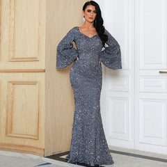 Elegant Sequ Toast Dress Mid Length Slimming Solid Color V neck Evening