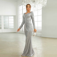 Long Sleeved Sequined Square Collar Annual Party Party Evening Dress Bridesmaid Dress for