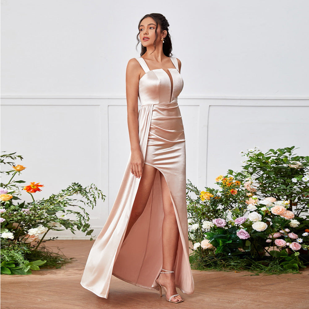 Vestido de mujer con tirantes, parte superior de tubo, abertura lateral alta, bolso de cadera, corte A, cintura alta