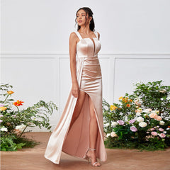 Vestido de mujer con tirantes, parte superior de tubo, abertura lateral alta, bolso de cadera, corte A, cintura alta