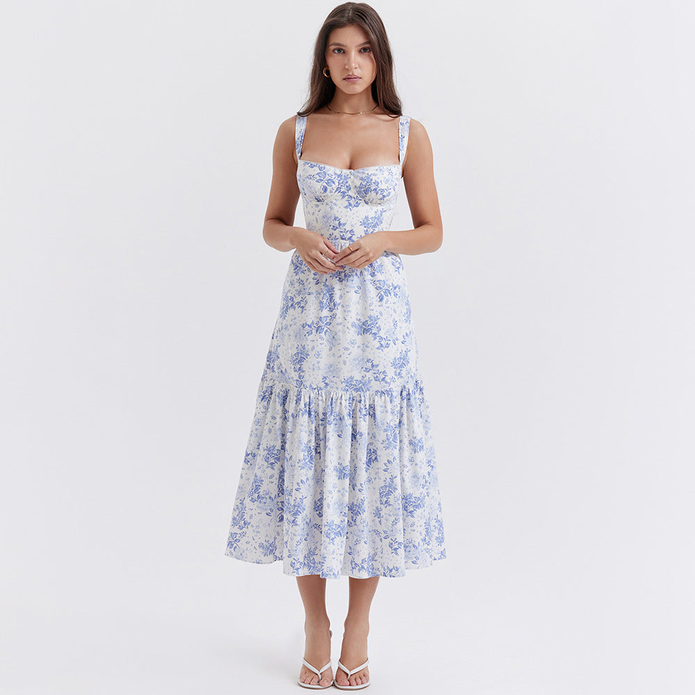Collection Dress Sweet Spicy Floral Midi Backless Sleeveless Strap Dress for Summer