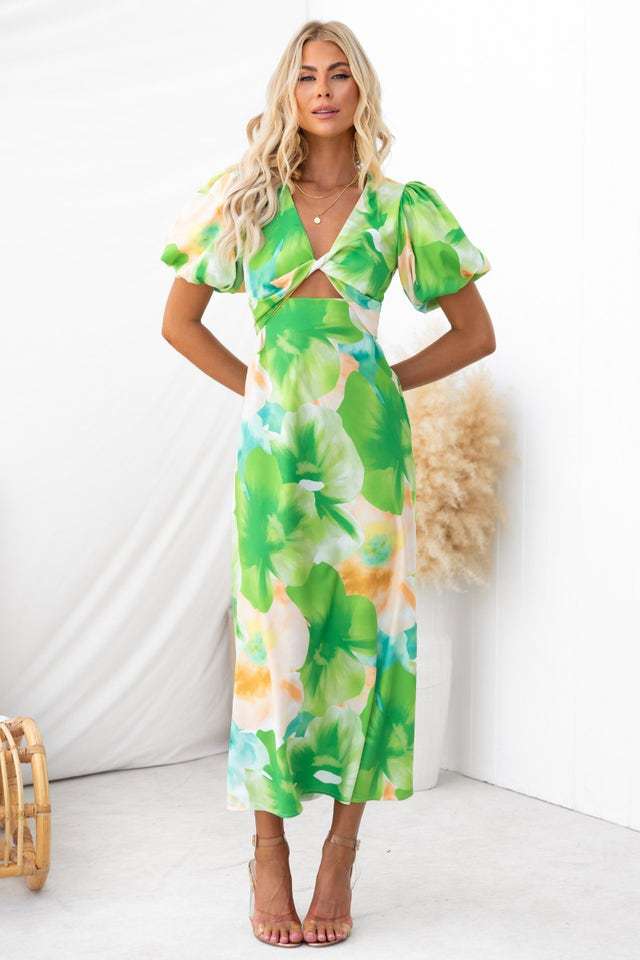 Year Bubble Sleeve Maxi Dress Print V neck Hollow Out Cutout