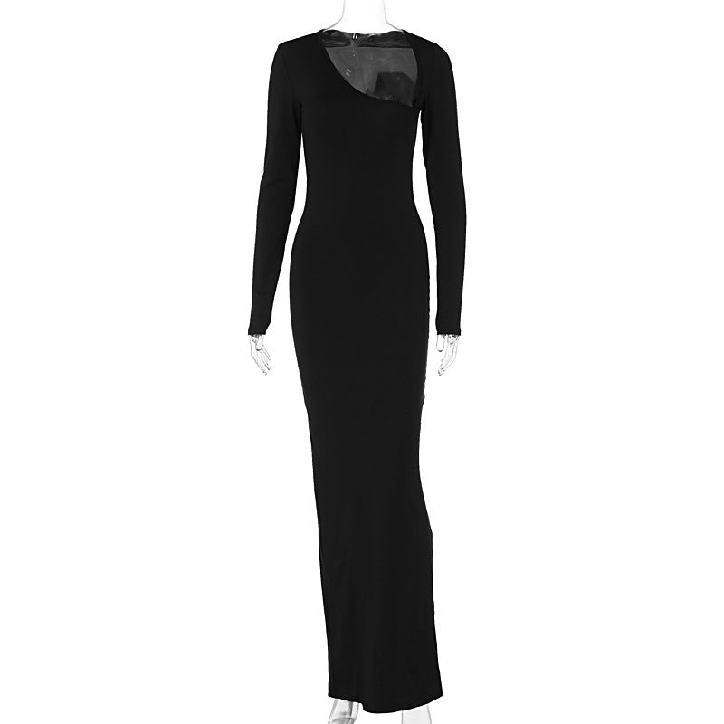 Slim Fit Slimming Long Sleeves Diagonal Collar Back Slit Dress