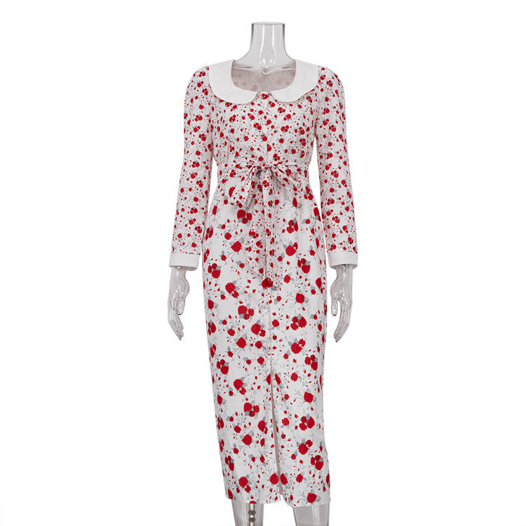 Elegant Printed Dress Three Quarter Sleeve Collared Split Waist Fitted Dress