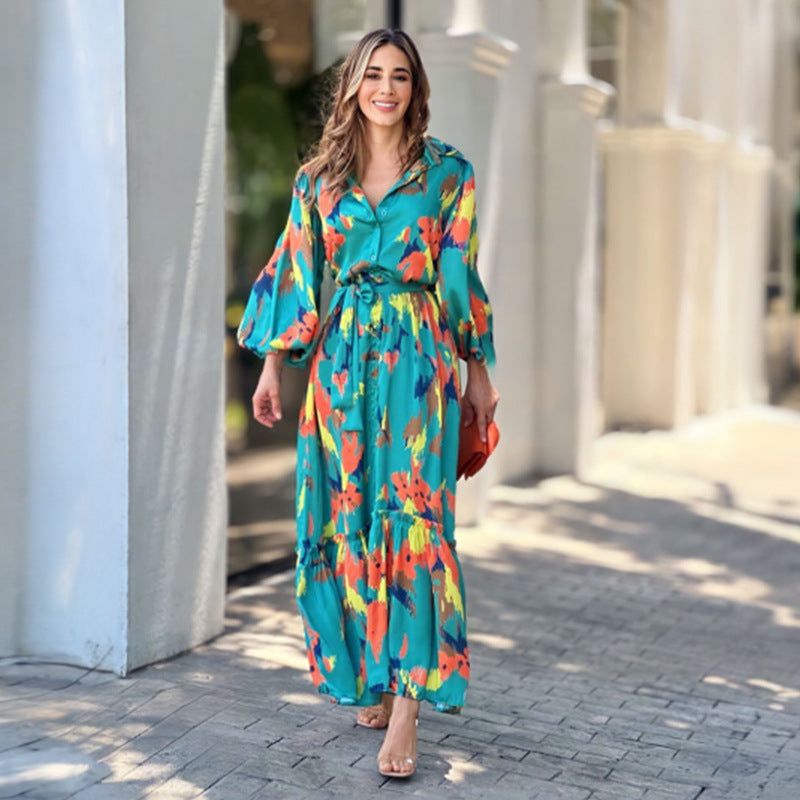 Dress Elegant Office Lace up Long Sleeve Printed Dress for