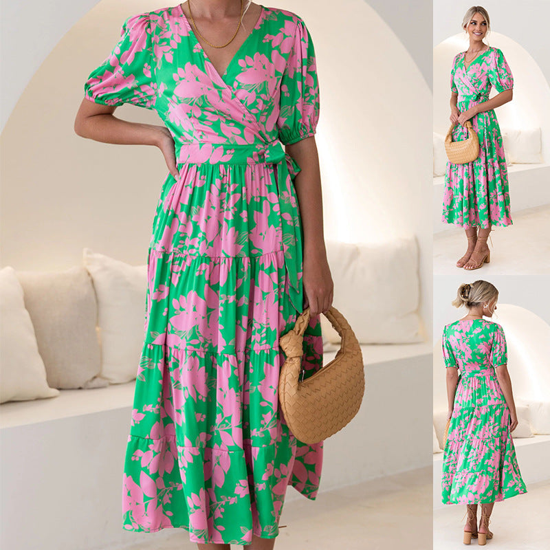 Vintage Court Printed V neck Floral Dress for