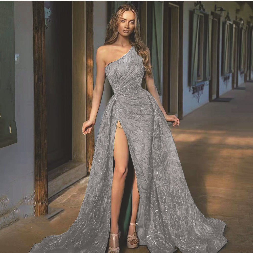 off-Shoulder Split Maxi Dress Toast Dress Sequin Sling Evening Dress