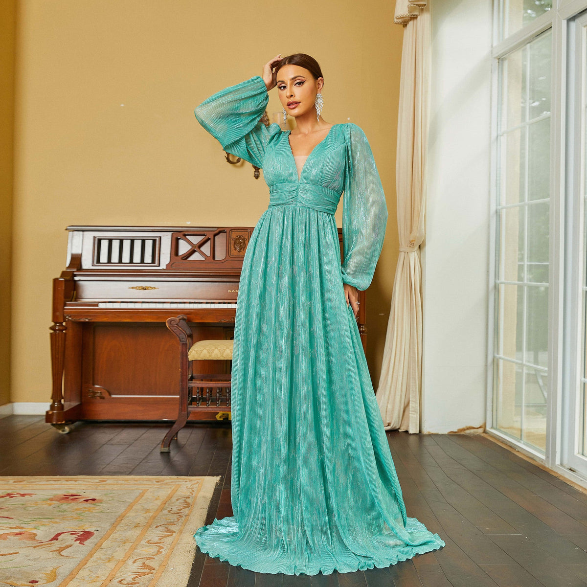 Vestido de noche elegante de manga larga con escote en V, largo, bohemio y vuelo, para dama de honor