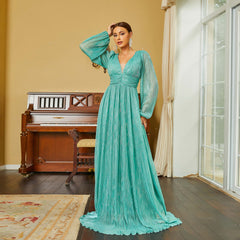 Vestido de noche elegante de manga larga con escote en V, largo, bohemio y vuelo, para dama de honor
