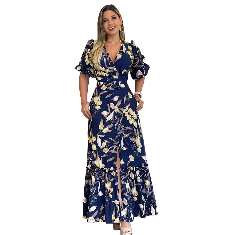 V neck Pocket Dress Patchwork Ruffled Slit Hemline Dress