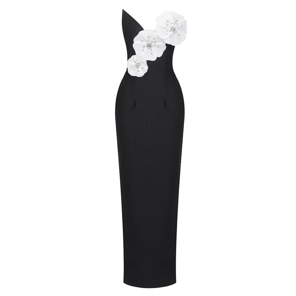 Black Tube Top Dress Floral Diamond Core Split off-Shoulder Design