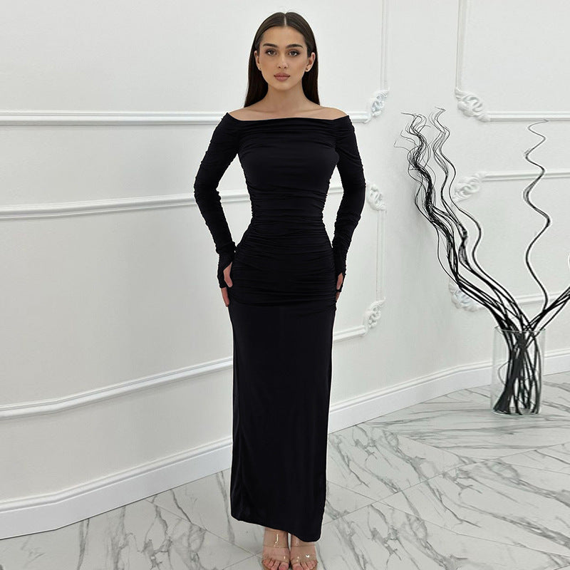 off the Shoulder off Neck Tight Pleated Side Split Dress