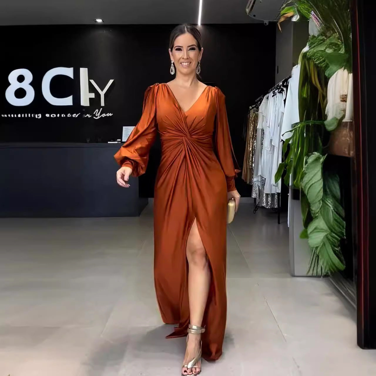 Collar Solid Color Long Sleeve Slim Fit Slit Noble Dress