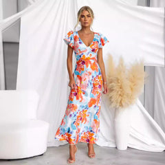 Floral Fresh Sweet V neck Lotus Leaf Sleeve Mid Length Dress