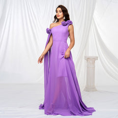 Vestido de cóctel largo de noche con cuello diagonal y un hombro descubierto, vestido de dama de honor con cintura ajustada y dobladillo grande.