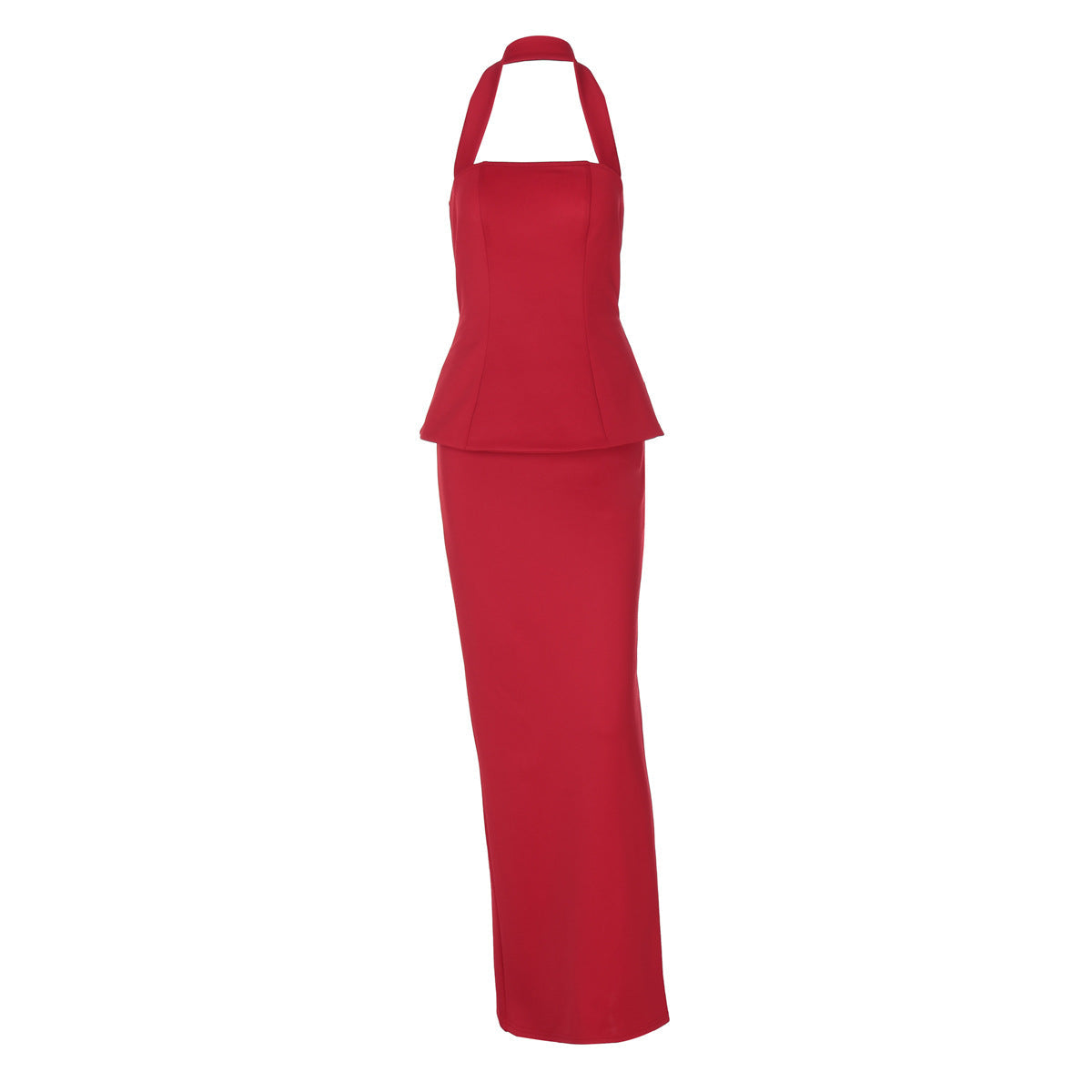 Conjunto de dos piezas de vestido largo ajustado con espalda descubierta y top halter de color liso