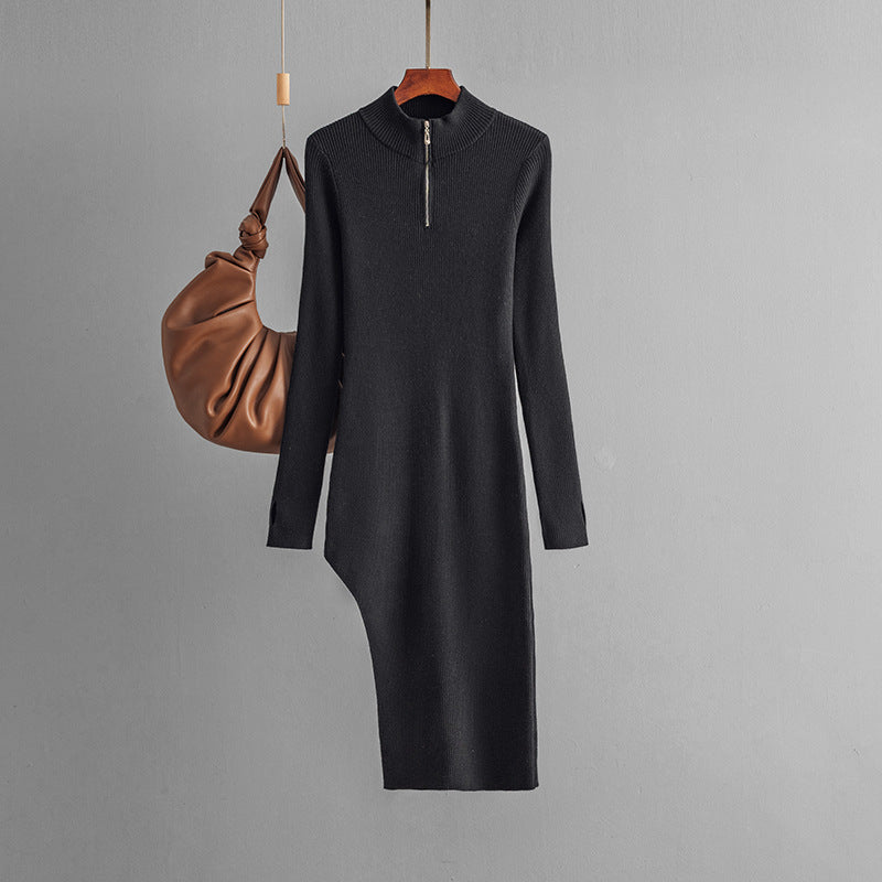 Zipper Knitted  Half High Collar Long Sleeves Bottoming Hip Solid Color Dress