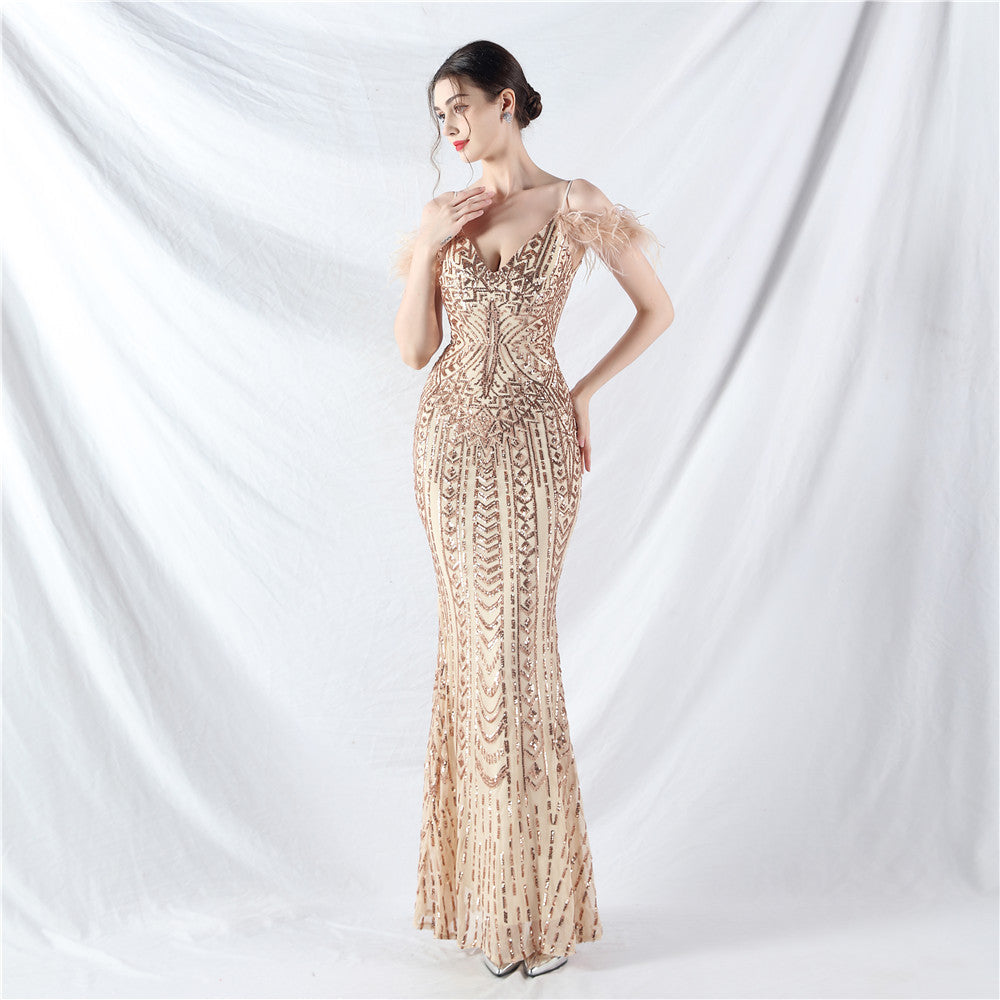 Posicionamiento Floral Lentejuela Artesanía Orden Cabello de Avestruz Vestido de Noche de Alta Gama
