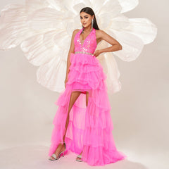 Vestido de cóctel de noche elegante, sin mangas, de alta gama, con cuello halter, largo y lentejuelas, para dama de honor