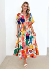 V Neck French Printed Puff Sleeve Casual Holiday