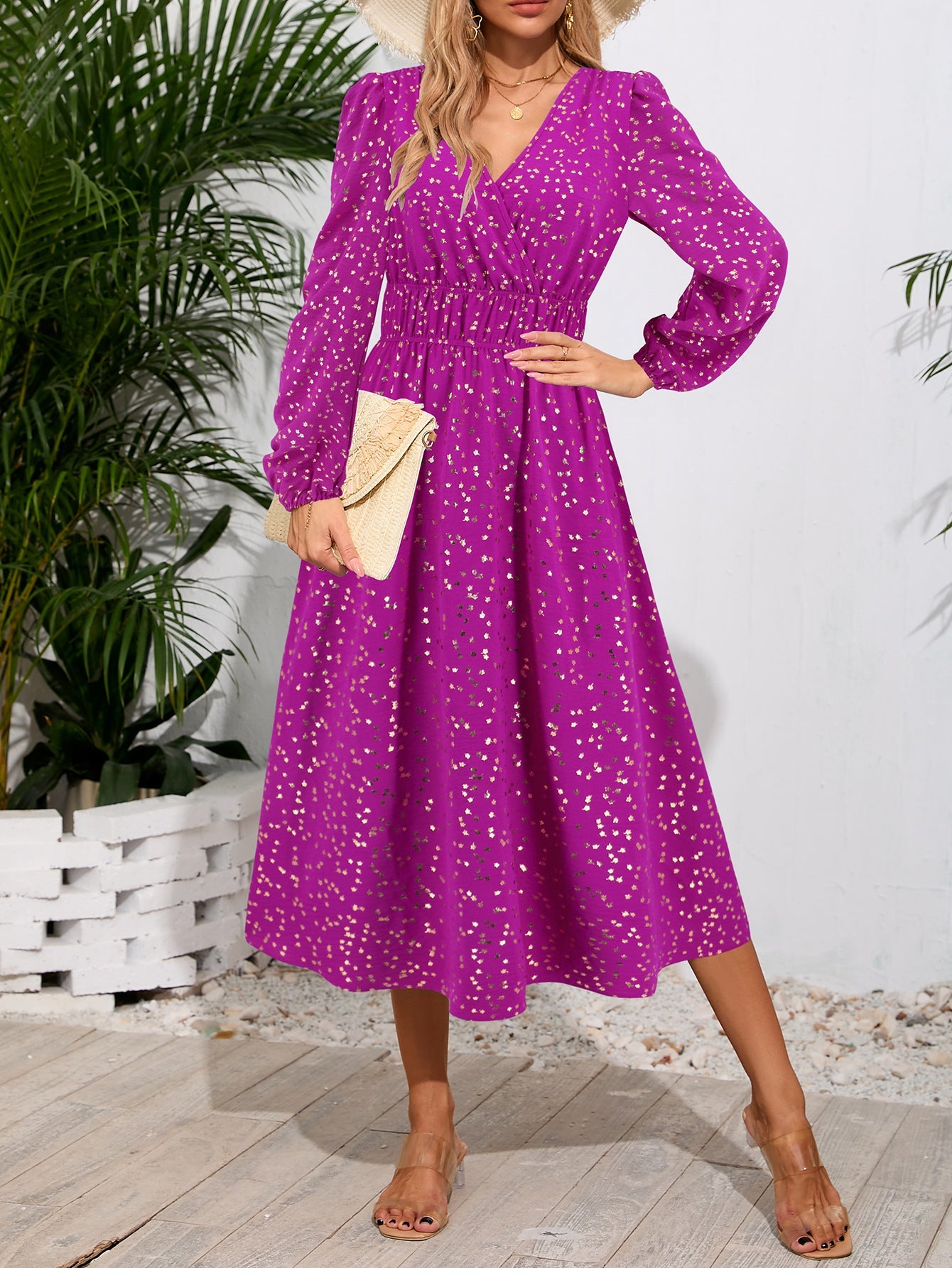 V neck Cocktail Dress Mid Length  Slim Waist Shiny Dress