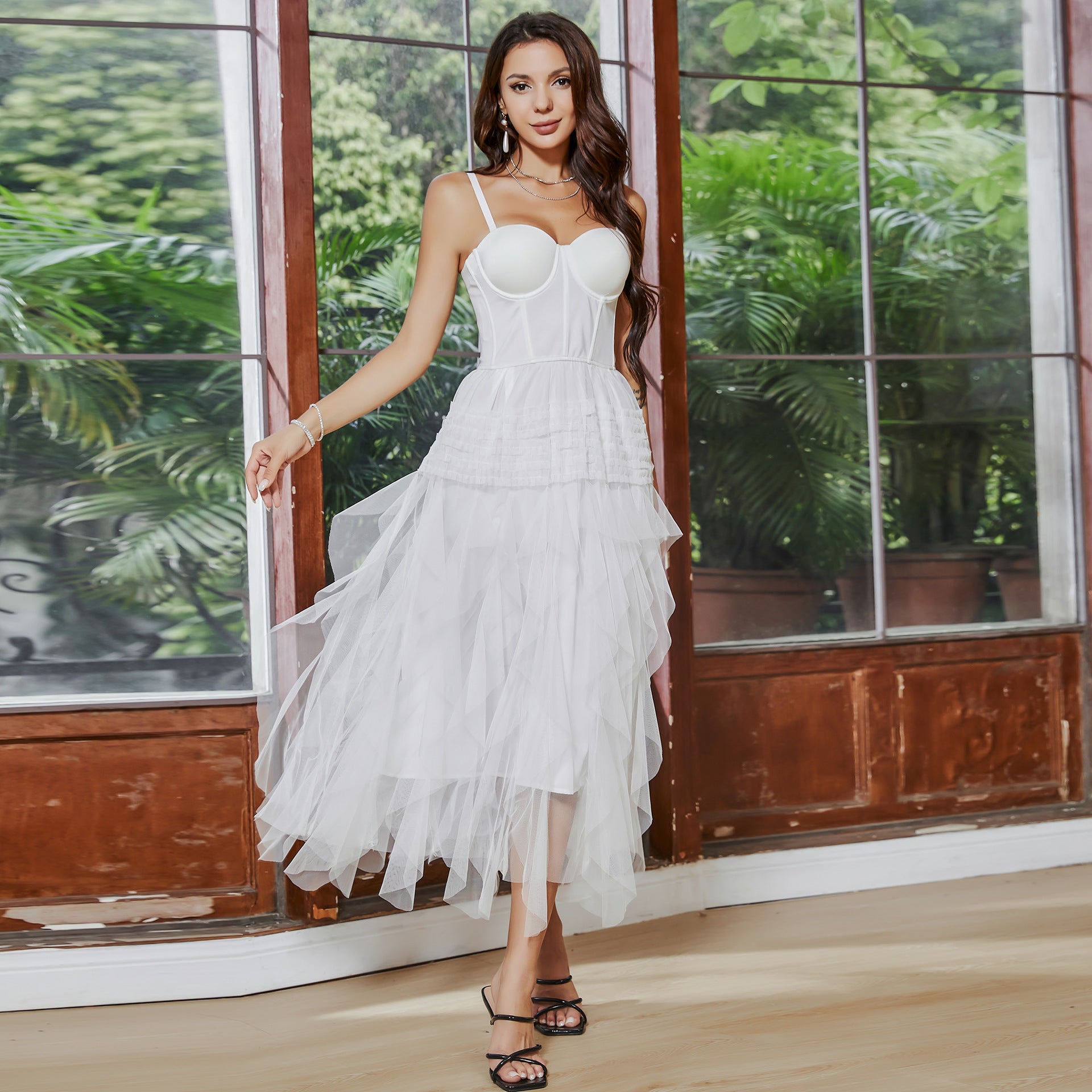 Vestido de fiesta con corsé, tirantes finos y vuelo, color blanco, para el primer amor, estilo tubo francés