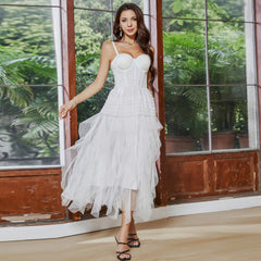 Vestido de fiesta con corsé, tirantes finos y vuelo, color blanco, para el primer amor, estilo tubo francés