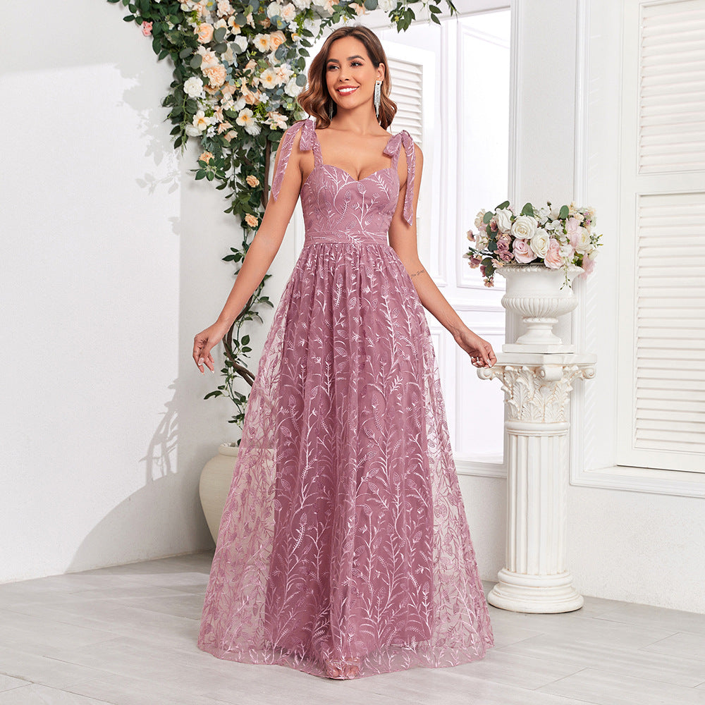 Vestido de noche para fiesta con escote en V atado, espalda en U, cremallera y dobladillo en A grande, forro completo
