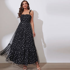 Suspender Dot Mesh High Waist Office Cami Dress