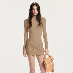 Solid Color Half Collar Waist Controlled Slimming Hip Bag Dress