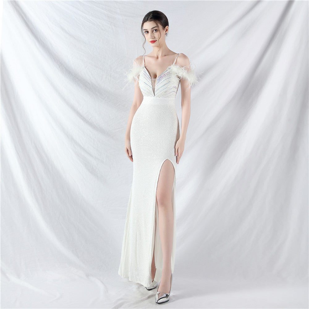 Craft Order Ostrich Feather Sequin Ladies Party Evening Dress Long Sleeveless Split Toast Dress