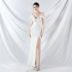 Craft Order Ostrich Feather Sequin Ladies Party Evening Dress Long Sleeveless Split Toast Dress
