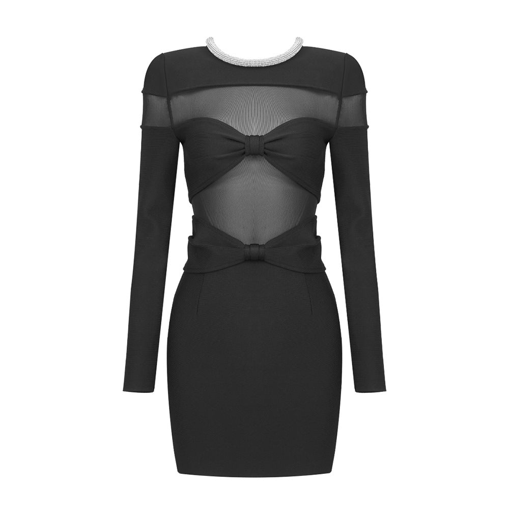 Bow Mesh Rhinestone Strip Dress Black Long Sleeve Semi Transparent