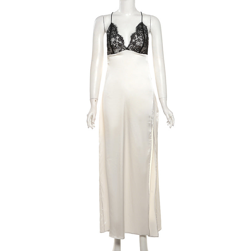 Clothes Lace Splicing Sling Backless Lace up Split Dress