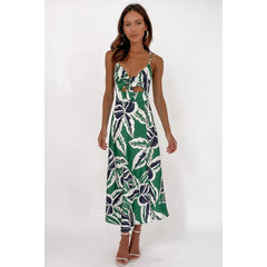 Sundress Leaves Tropical Floral Print Fresh Sweet Tie-Neck Strap Dress