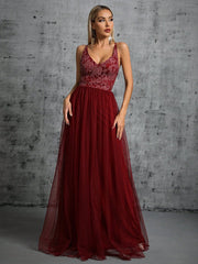 Elegante vestido de noche con tirantes, escote en V, corte A, vestido largo de fiesta, vestido de pasarela para reuniones anuales