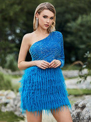 Upper Body Sequined Lower Body Fluff Contrast Hip Diagonal Collar Tube Top Single Sleeve Waist Tight Slim Party Dress