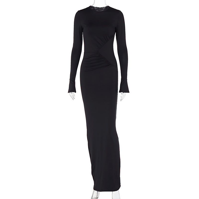 Solid Color Crew Neck Personality Pleated Slim Long Sleeve Dress