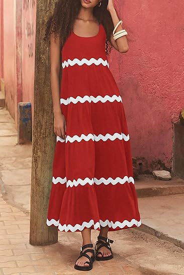 Simple U Shaped Collar Corrugated Tube Top Solid Color A line Slip Dress