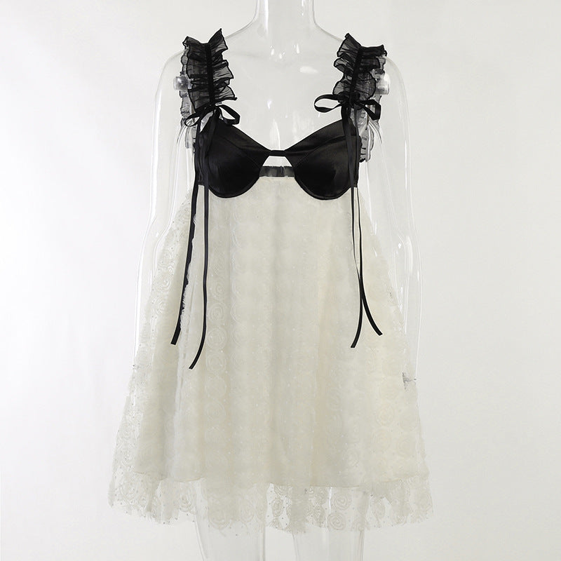 Lace Stitching Floral Short Contrast Color Slimming Bare Back Dress