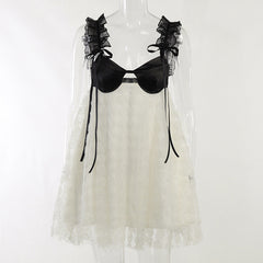 Lace Stitching Floral Short Contrast Color Slimming Bare Back Dress