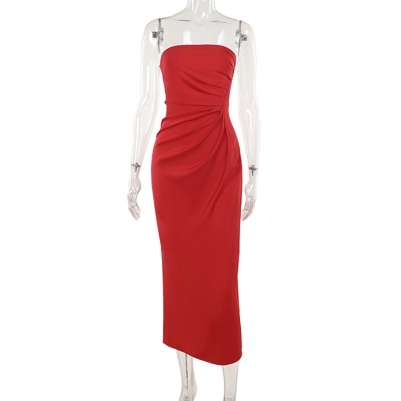 Fall Type Hip Socialite Elegant Slim Tube Top Satin