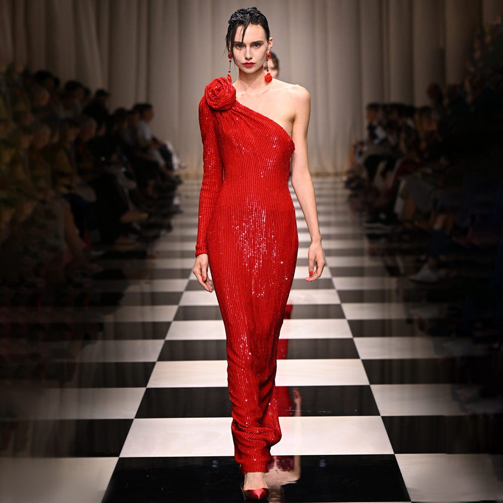 Vestido formal rojo navideño tridimensional con un solo hombro floral y lentejuelas, vestido elástico de invierno