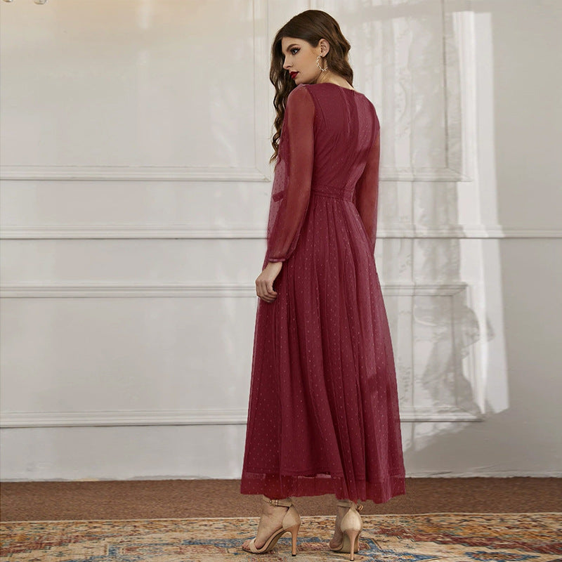 Casual Round Neck Stitching Mesh Dress