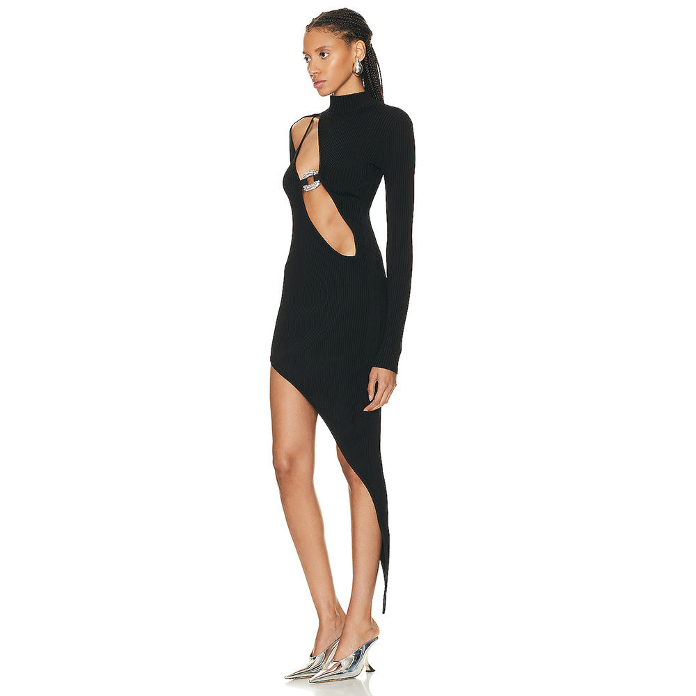 Black Long Sleeve Dress Diamond Decorations Hollow Out Cutout Asymmetric Bandage Dress