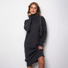 Vestido de punto de cuello alto, prenda interior holgada, de lana adelgazante de color liso
