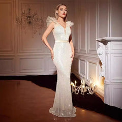 Sequin Model Ladies Cocktail Elegant V Neck Long Dinner Fishtail Dress
