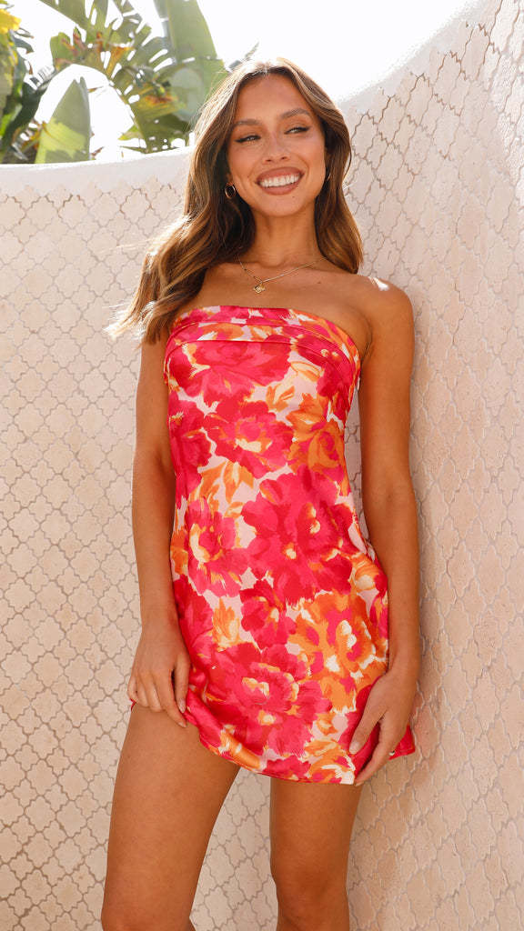 Vestido corto con estampado floral, espalda descubierta y top de tubo