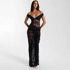 Lace off Shoulder Jumpsuit High Waist Dress See through Set