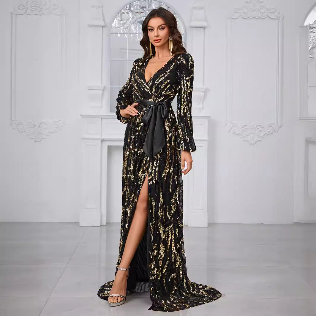 Prom Evening Dress Sequined Lace up Random Printed V neck Long Sleeve Light Luxury Party Evening Dress